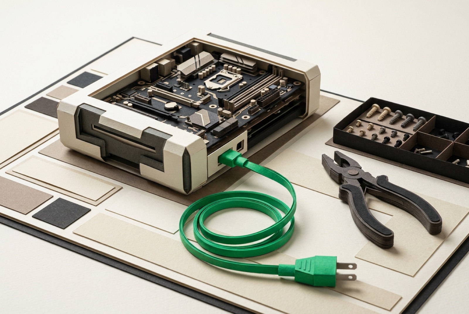 Illustration: a repair workbench from above, an opened device connected by one green cable