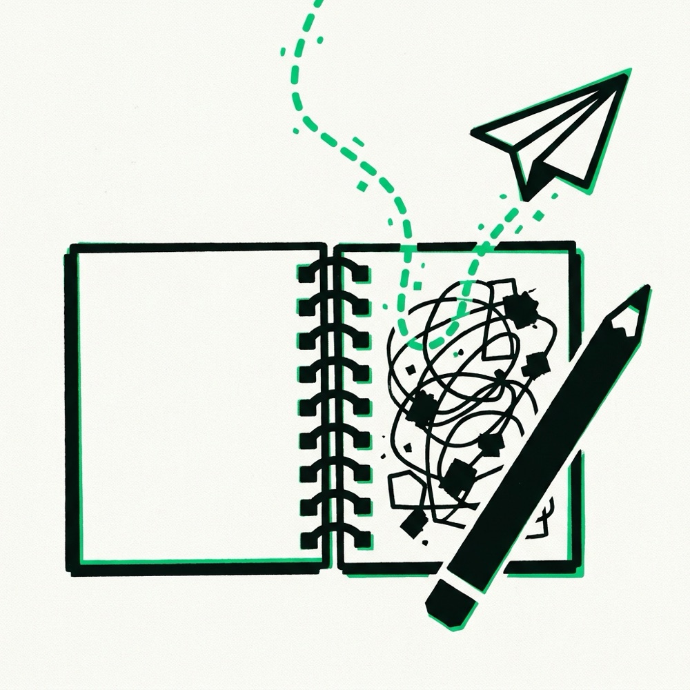 Illustration: a notebook, a pencil, and a paper plane on a green dotted trail