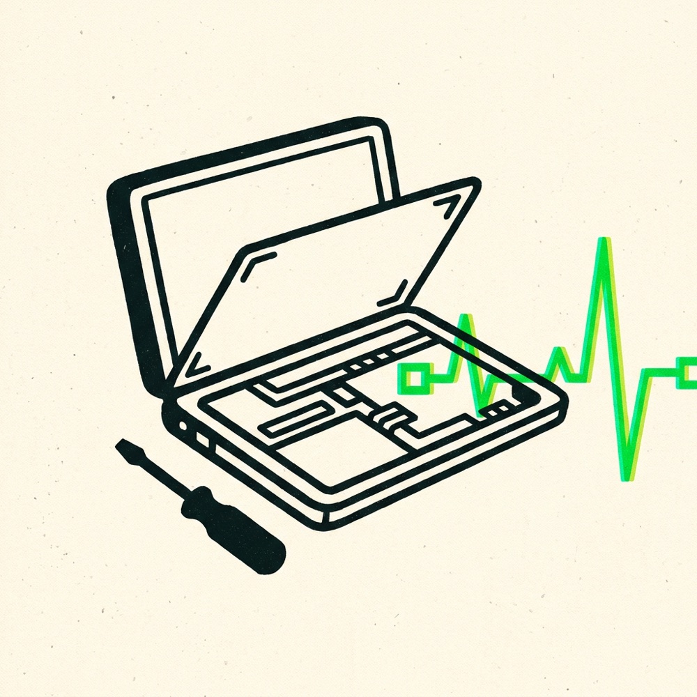 Illustration: an opened laptop with a green pulse line rising from its circuit board