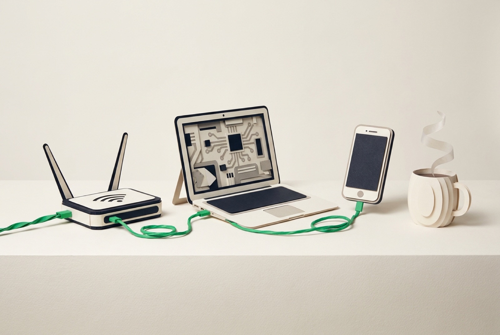 Illustration: a paper-craft router, opened laptop, phone, and mug chained by one green cable