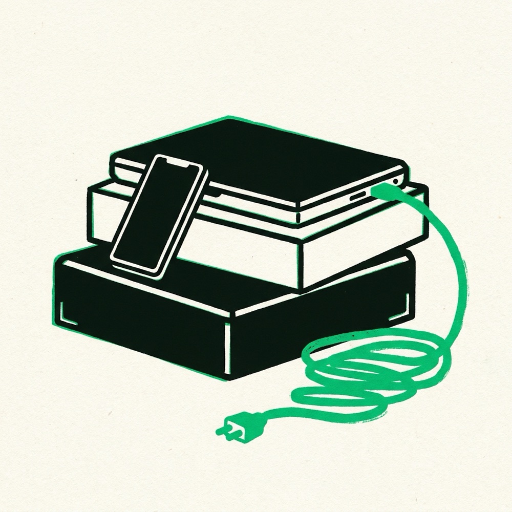 Illustration: stacked boxed devices with a green power cord coiling forward