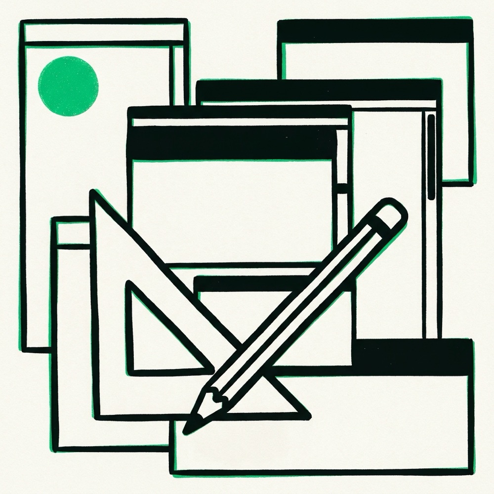 Illustration: overlapping blueprint panels crossed by a set square, with one green dot