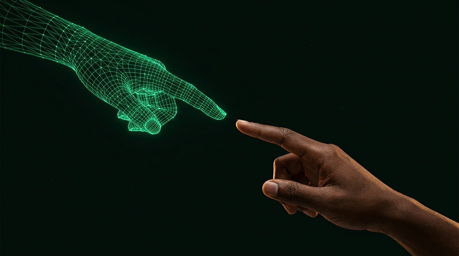 Illustration: a volt wireframe hand and a human hand almost touching, fingertip to fingertip